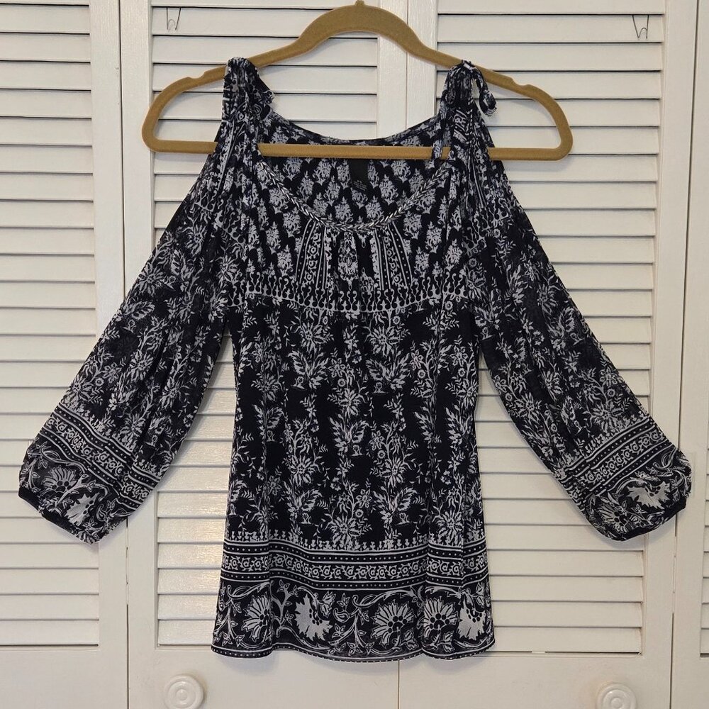 INC Boho Cold Shoulder Peasant Blouse with Silver Trim - Petite Small
